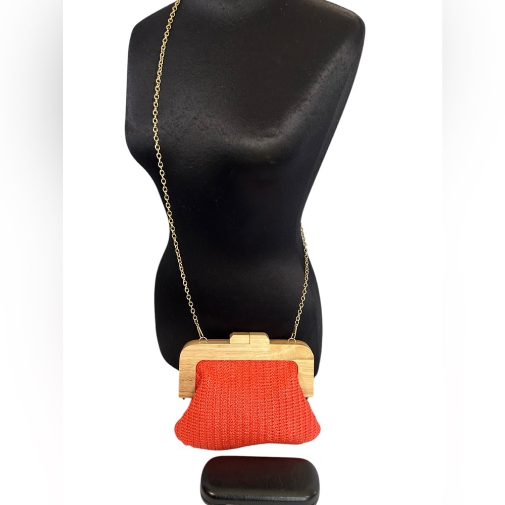 Off Park Collection Small Orange Rattan Crossbody Bag Wood Frame Gold Chain New